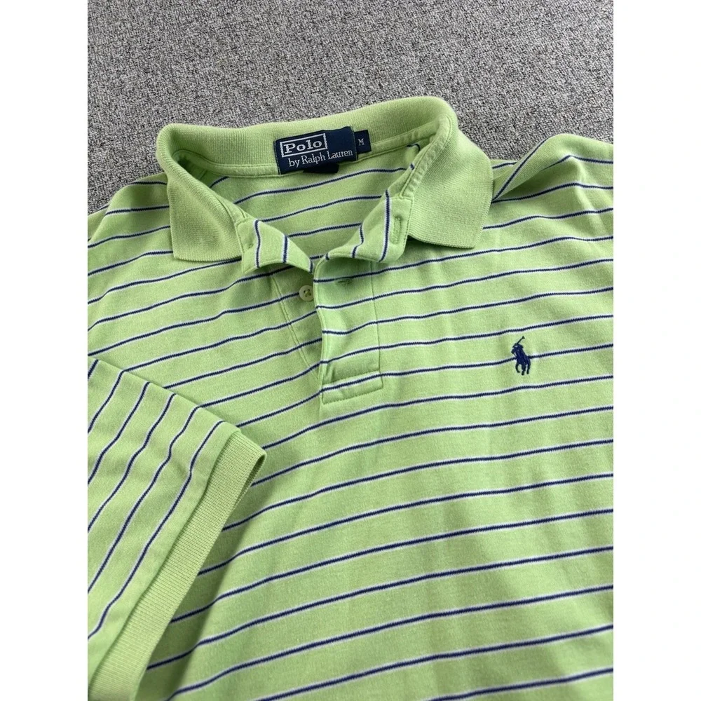 Polo Ralph Lauren Striped Polo Shirt Lime Green Blue Pony Men's Medium Cotton